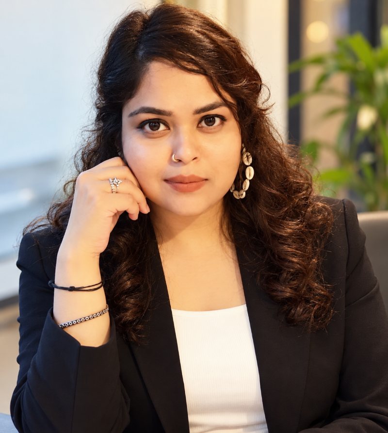 Portrait of Mansi Singh, founder and chief educator of Humans of English, smiling and wearing a black blazer.